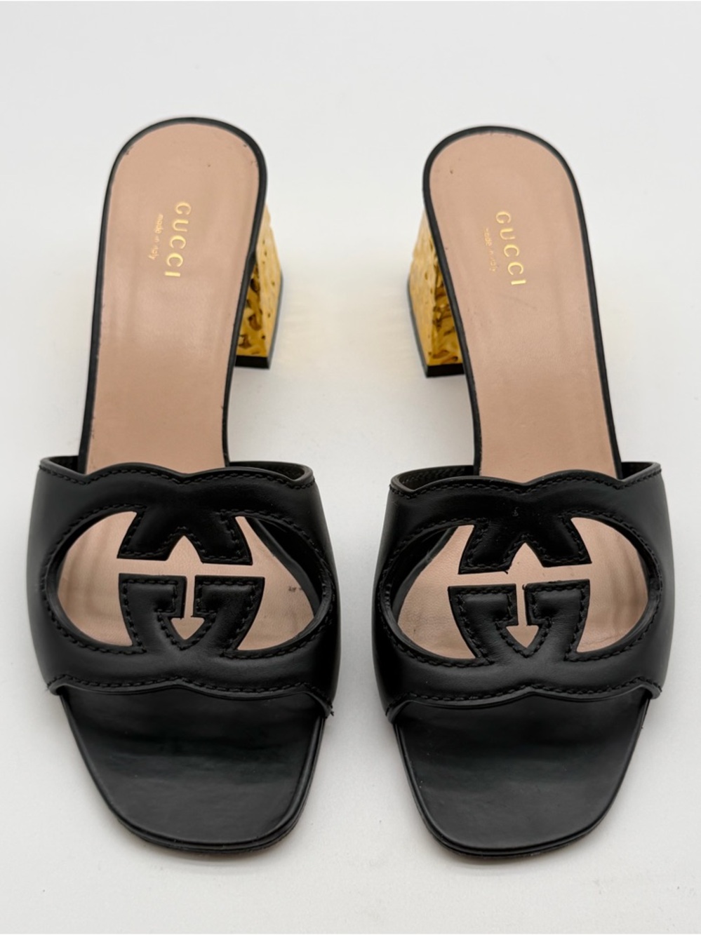 Gucci Cosmos Cut Out GG Slide Black Leather Sandals Gold Heel EU 39.5 US 9.5 - Picture 9 of 11
